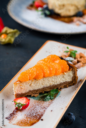 vegan healthy cheese cake dessert with tangerine