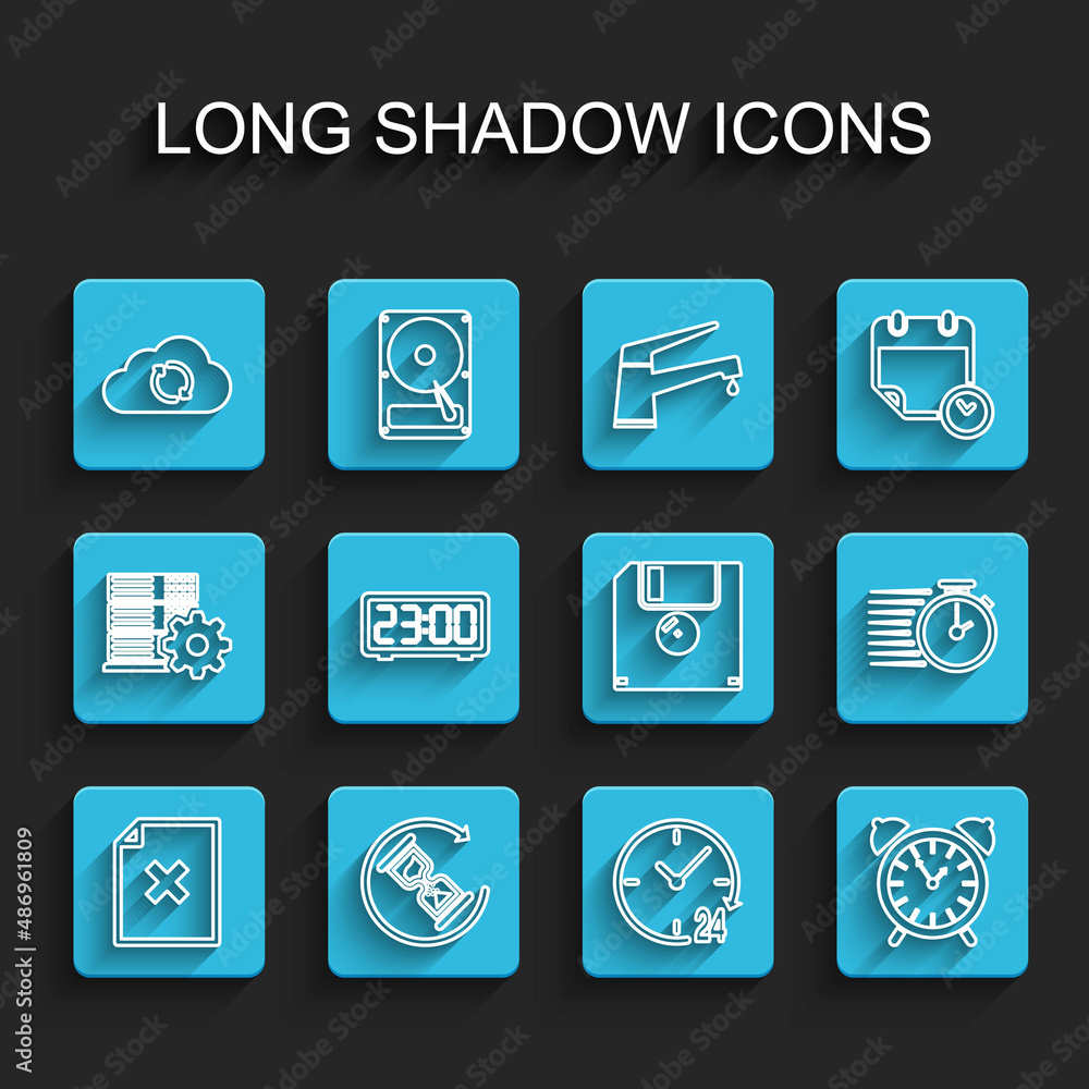 Set line Delete file document, Waiting, Cloud sync refresh, Clock 24 hours, Alarm clock, Digital alarm, Stopwatch and Floppy disk icon. Vector Set line Delete file document, Waiting, Cloud sync refresh, Clock 24 hours, Alarm clock, Digital alarm, Stopwatch and Floppy disk icon. Vector