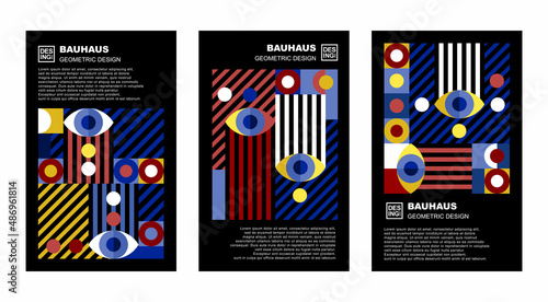 Bauhaus geometric eye poster set yellow, blue and red color on white background. Square, round geometry shape template design.