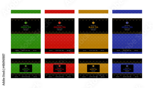 Gold tea package chinese set for decoration design. Green, oolong and black drink label on white background.