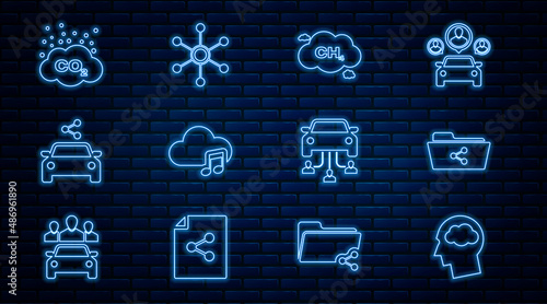 Set line Head silhouette with cloud, Share folder, Methane emissions reduction, Music streaming service, Car sharing, CO2, and Network icon. Vector
