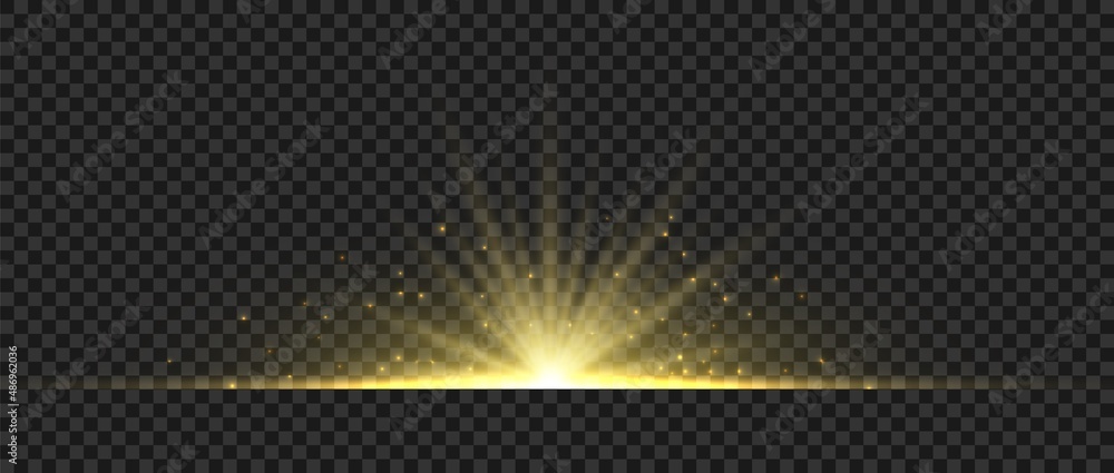 Golden glowing light. Gold glow flash with sparcle. Vector sunrise effect. Realistic shiny beam set Golden glowing light. Gold glow flash with sparcle. Vector sunrise effect. Realistic shiny beam set