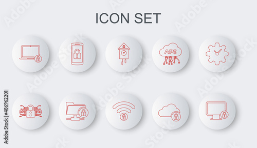 Set line Lock on monitor, Cyber security, Retro wall watch, Cloud computing lock, Laptop and, Smartphone with, FTP folder and Wifi locked icon. Vector