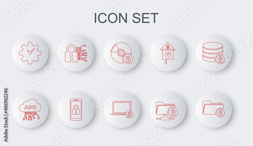Set line Folder and lock, Cloud api interface, CD or DVD disk with, FTP folder, Time Management, Cyber security, Smartphone and Laptop icon. Vector