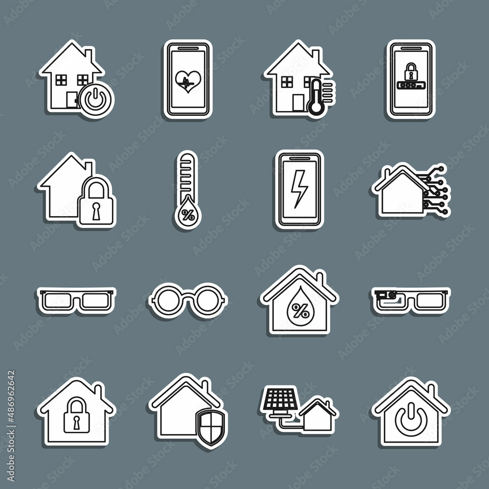 Set line Smart home, glasses, House temperature, Humidity, under protection, and Mobile charging battery icon. Vector Set line Smart home, glasses, House temperature, Humidity, under protection, and Mobile charging battery icon. Vector