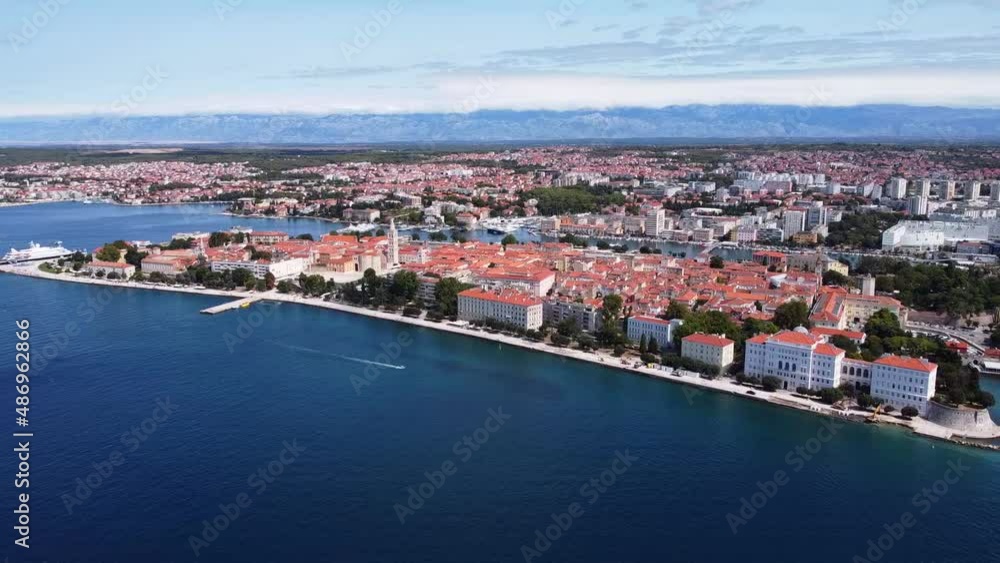 View of the historic center of Zadar. Houses on the shore of the Adriatic sea. Drone Video. Dalmatia. Croatia. Europe View of the historic center of Zadar. Houses on the shore of the Adriatic sea. Drone Video. Dalmatia. Croatia. Europe
