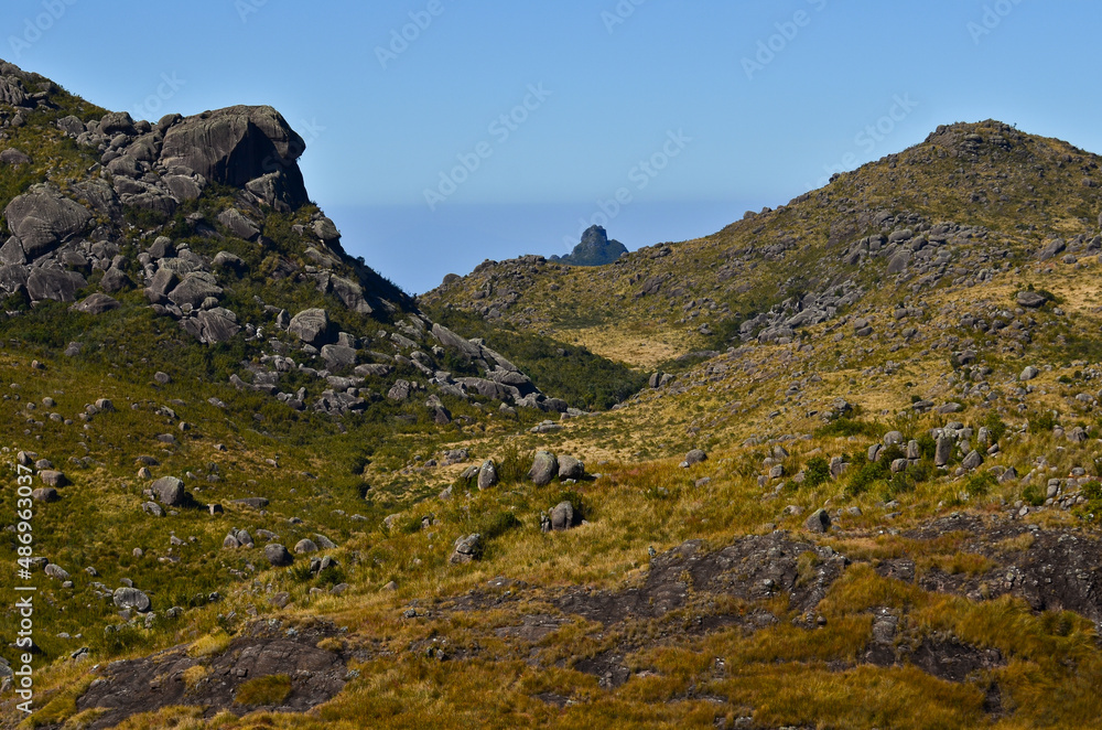 A rocky valley in the high sector of Itatiaia National Park, Itatiaia, Rio de Janeiro, Brazil