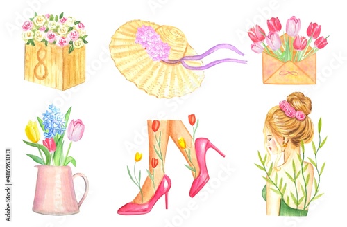 Watercolor spring set. Silhouette of a hat, a girl, shoes, bouquets. Isolated clipart.