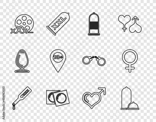 Set line Spanking paddle, Condoms safe sex, package, Film reel with Sex, Location 18 plus, Male gender and heart and Female symbol icon. Vector