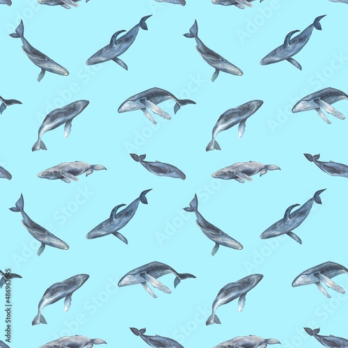 Seamless pattern with watercolor blue whales