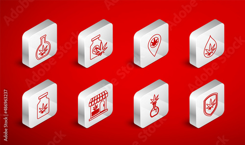 Set line Shield and marijuana, Medical bottle with, Location, Marijuana or cannabis leaf oil, Test tube, store and icon. Vector