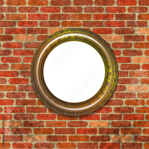 An empty template for a picture in a round frame located on a background of old brickwork. Vector illustration