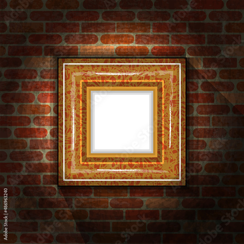 An empty template for a picture in a square frame located on a background of old brickwork. Vector illustration