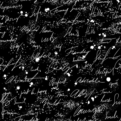 Seamless pattern with white hand write poetry on black background. Vector texture. Graphic creative idea.