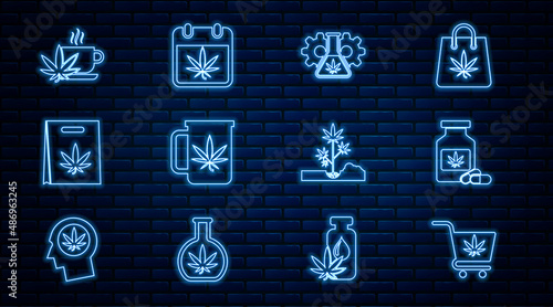 Set line Shopping cart with marijuana, Medical bottle, Test tube, Cup tea, bag of, Planting and Calendar and icon. Vector