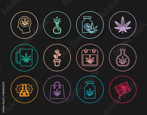 Set line Marijuana or cannabis seeds, Test tube with marijuana, Medical bottle, plant in pot, Cup tea, Head profile, Calendar and and icon. Vector