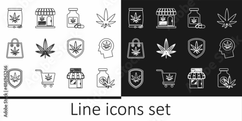 Set line Medical bottle with marijuana, Head in profile, Marijuana or cannabis leaf, Shopping bag, seeds, Shield and and store icon. Vector
