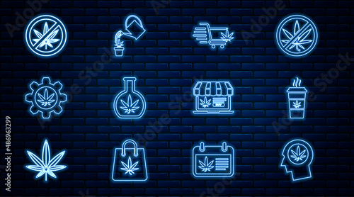 Set line Head in profile with marijuana, Cup coffee, Shopping cart, Test tube, Stop, Online buying and Watering can icon. Vector