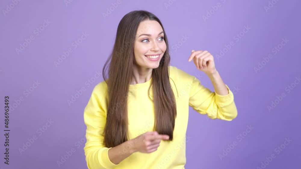 Lady watch distance empty space incredible news isolated shine color background Lady watch distance empty space incredible news isolated shine color background