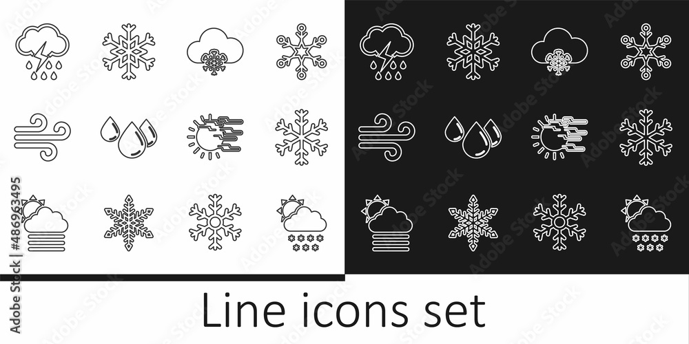 Set line Cloud with snow and sun, Snowflake, Water drop, Wind, rain lightning, Fog and icon. Vector Set line Cloud with snow and sun, Snowflake, Water drop, Wind, rain lightning, Fog and icon. Vector