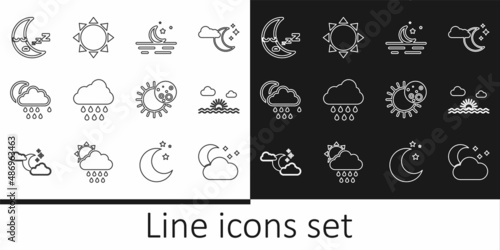 Set line Cloud with moon and stars, Sunset, Moon, rain, icon, Eclipse of the sun and icon. Vector