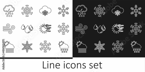 Set line Cloud with snow and sun, Snowflake, Water drop, Wind, rain lightning, Fog and icon. Vector