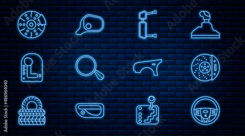 Set line Steering wheel, Car brake disk with caliper, Truck side mirror, Gear shifter, fender and icon. Vector