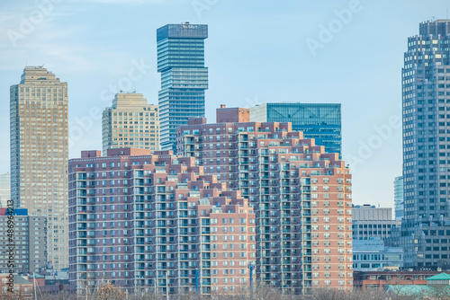 New Jersey City skyline, modern buildings architecture, perfect day, close up.