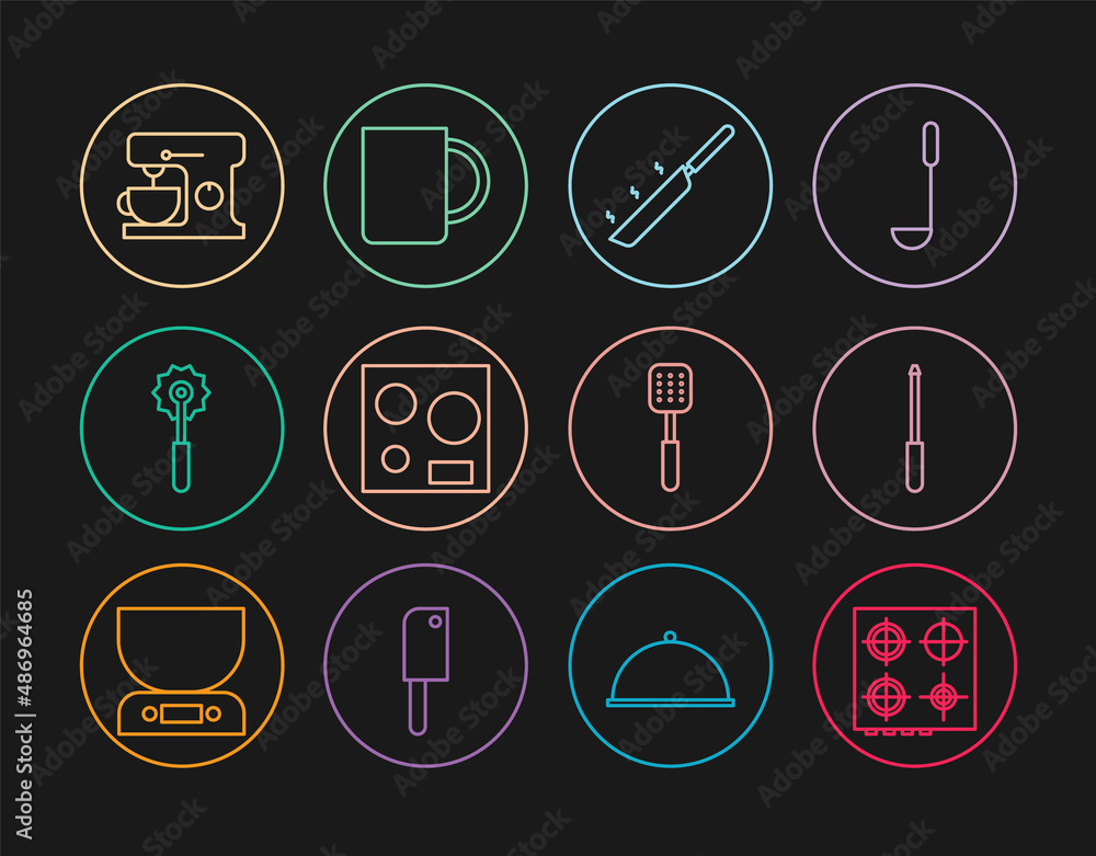 Set line Gas stove, Knife sharpener, Frying pan, Electric, Pizza knife, mixer, Spatula and Coffee cup icon. Vector Set line Gas stove, Knife sharpener, Frying pan, Electric, Pizza knife, mixer, Spatula and Coffee cup icon. Vector