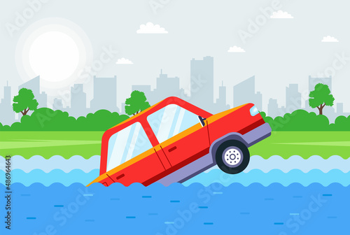 The car has fallen into the river and is sinking. flat vector illustration.