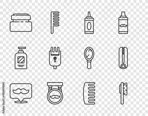 Set line Barbershop, Hairbrush, Bottle of shampoo, Cream or lotion cosmetic tube, Electrical hair clipper shaver, and Curling iron for icon. Vector