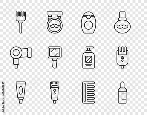 Set line Cream or lotion cosmetic tube, Beard and mustaches care oil bottle, Bottle of shampoo, Electrical hair clipper shaver, Hairbrush, Hand mirror, and icon. Vector