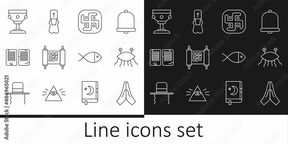 Set line Hands in praying position, Pastafarianism, Jainism, Decree, paper, parchment, scroll, The commandments, Christian chalice, fish and Priest icon. Vector