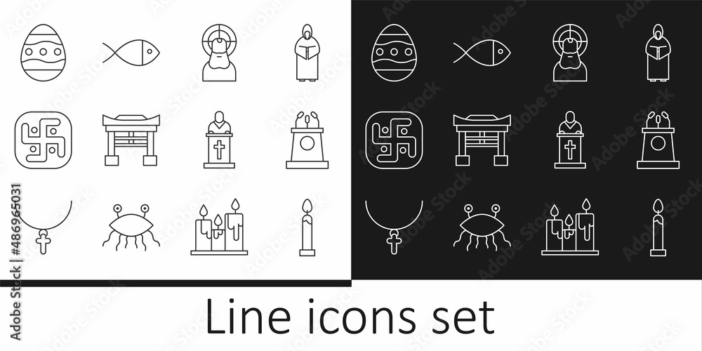 Set line Burning candle, Stage stand or tribune, Jesus Christ, Japan Gate, Jainism, Easter egg, Church pastor preaching and Christian fish icon. Vector