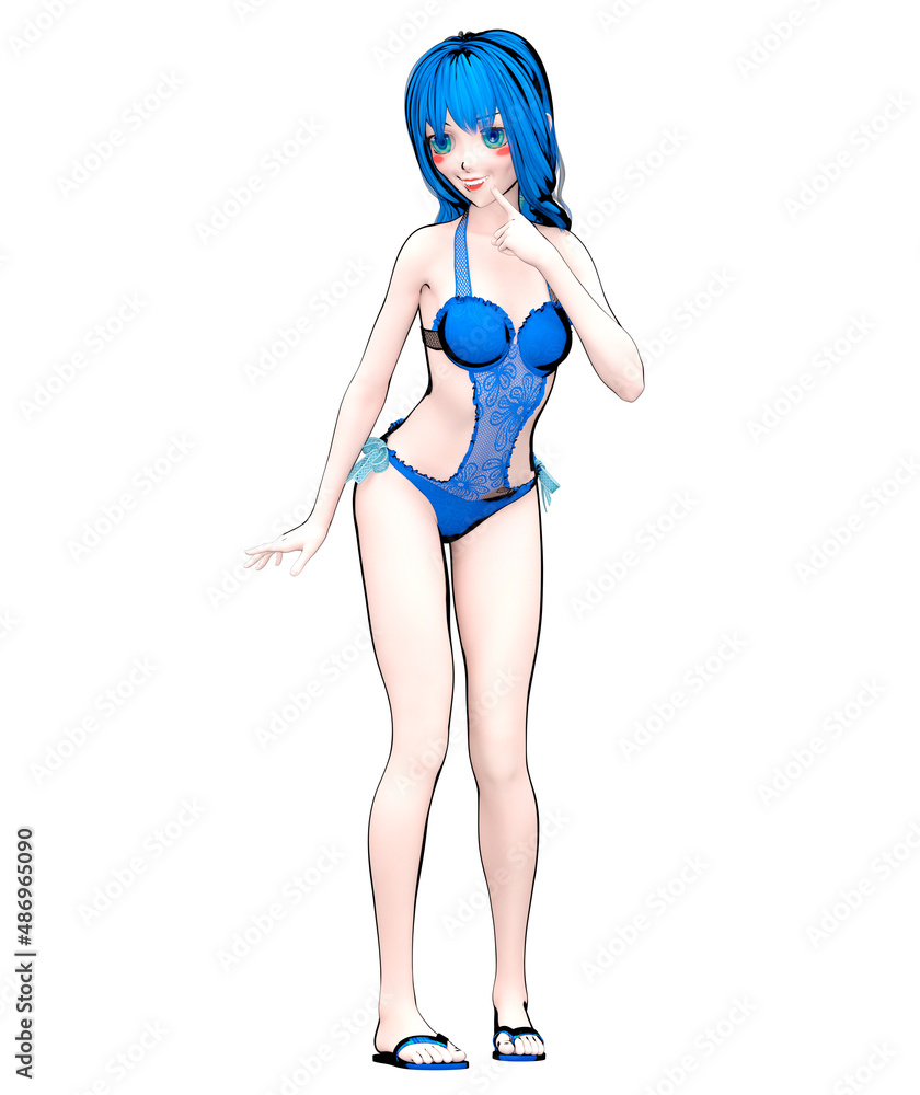 3D comics cosplay anime girl in swimsuit.