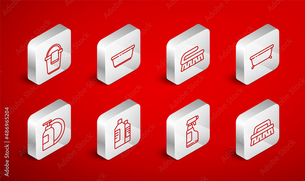 Set line Brush for cleaning, Plastic basin, Bathtub, Spray bottle with detergent liquid, Bucket rag, Bottles agent and Dishwashing and plate icon. Vector Set line Brush for cleaning, Plastic basin, Bathtub, Spray bottle with detergent liquid, Bucket rag, Bottles agent and Dishwashing and plate icon. Vector