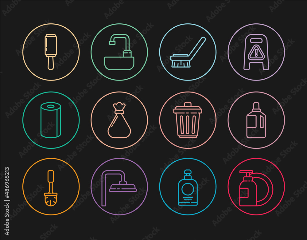 Set line Dishwashing liquid bottle and plate, Fabric softener, Brush for cleaning, Garbage bag, Paper towel roll, Adhesive roller, Trash can and Washbasin with water tap icon. Vector Set line Dishwashing liquid bottle and plate, Fabric softener, Brush for cleaning, Garbage bag, Paper towel roll, Adhesive roller, Trash can and Washbasin with water tap icon. Vector