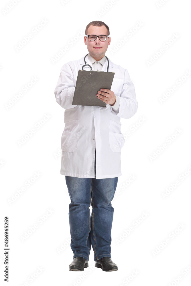 Happy smiling doctor writing on clipboard Happy smiling doctor writing on clipboard