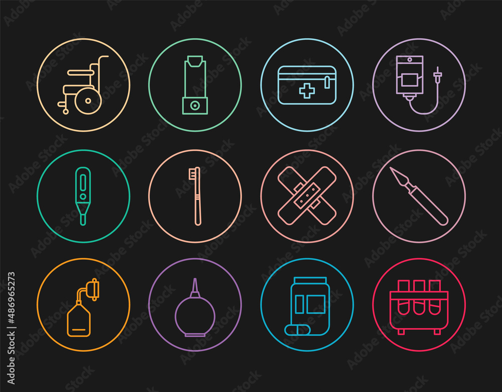 Set line Test tube and flask, Medical surgery scalpel, First aid kit, Toothbrush, digital thermometer, Wheelchair for disabled person, Crossed bandage plaster and Inhaler icon. Vector Set line Test tube and flask, Medical surgery scalpel, First aid kit, Toothbrush, digital thermometer, Wheelchair for disabled person, Crossed bandage plaster and Inhaler icon. Vector