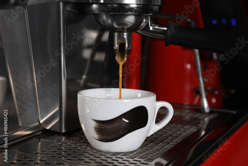 Making aromatic espresso using professional coffee machine in cafe