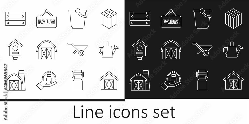 Set line Farm house, Watering can, Bucket, Bird, Wooden box, Wheelbarrow and Signboard with text icon. Vector Set line Farm house, Watering can, Bucket, Bird, Wooden box, Wheelbarrow and Signboard with text icon. Vector