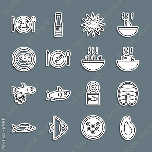 Set line Mussel, Fish steak, Puffer fish soup, Sea urchin, Served on plate, crab and Soup with shrimps icon. Vector
