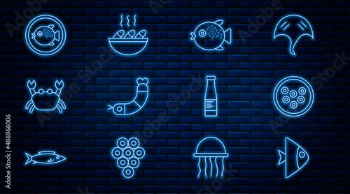 Set line Fish, Caviar on a plate, Puffer fish, Shrimp, Crab, Sauce bottle and soup icon. Vector