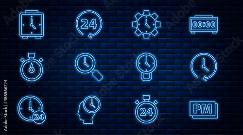 Set line Clock PM, Time Management, Magnifying glass with clock, Stopwatch, Alarm, and 24 hours icon. Vector