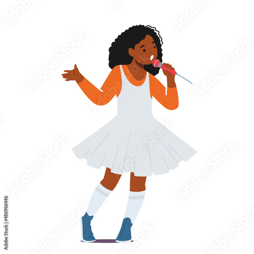 Little African Girl Holding Microphone Sing on on Stage, Baby Singing Song. Little Vocalist Female Character Singer