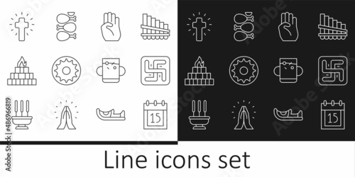 Set line Independence day India, Hindu swastika, Indian symbol hand, Chakra, Yagna, Christian cross, Cup of tea leaf and Tandoori chicken icon. Vector