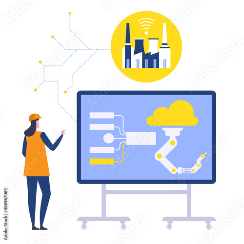 Automation and wireless technologies in industry concept. Woman stands at dashboard and controls robots through display, remote work in factory. Vector character illustration isolated on background