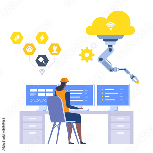 Control room in modern factory. Woman engineer works at computers, monitors work of robots and controls processes. Smart industry with wireless. Vector character illustration isolated on background