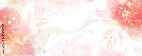 Luxurious golden wallpaper. Banner with lily flowers. Watercolor pink, blue, lilac spots on a white background. Brilliant flowers and twigs. vector file.