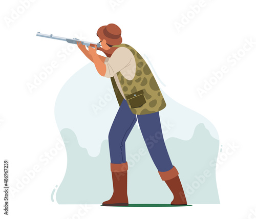 Hunter Male Character Wear Camouflage Vest and Hat Aiming with Weapon in Bird or Animal. Man Shoot with Rifle, Hunting